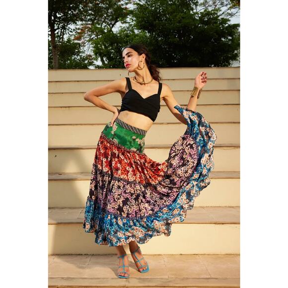 Anthropologie Bhanuni by Jyoti Anarosa Tiered Maxi Skirt Floral Boho Anthro Sz 4 - Picture 15 of 15